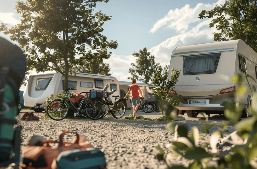 Gezin pakt caravan in op zonnige camping met fietsen, bagage en zomers weer.