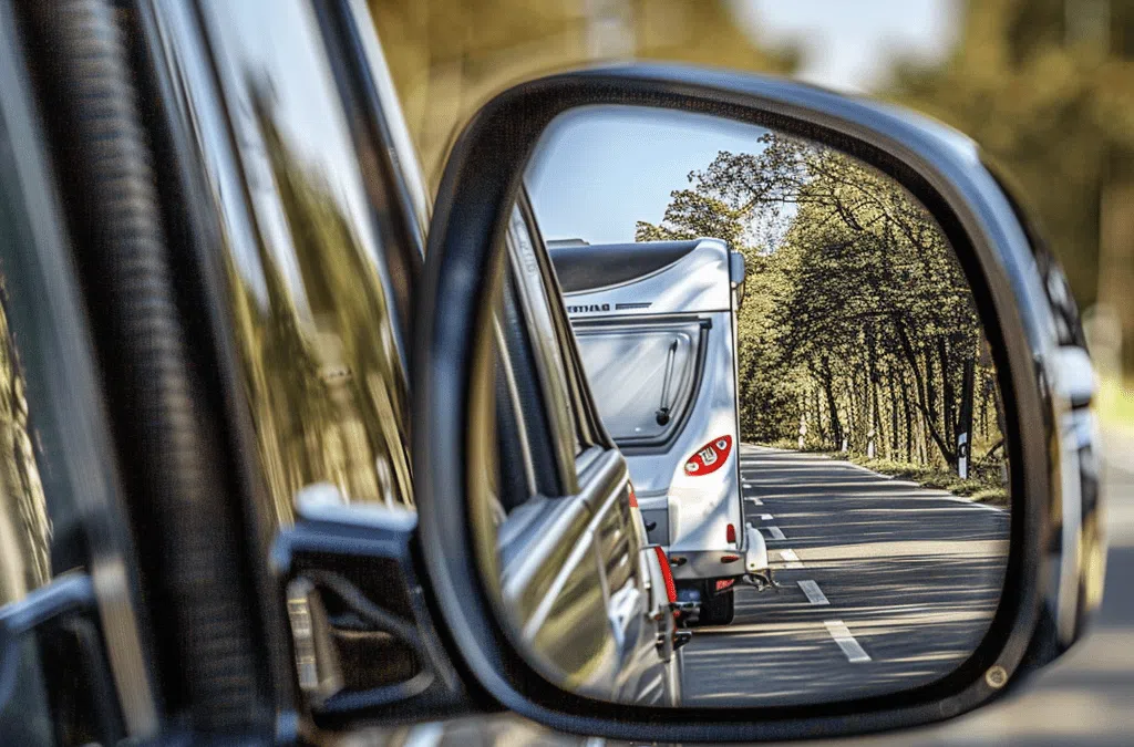 Caravan zichtbaar in autospiegel tijdens rit over landelijke weg met caravanspiegel.