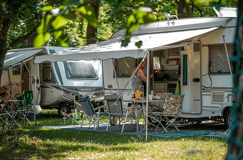 Caravan met voortent op groene camping met kampeerstoelen en tafeltje in de zomer.