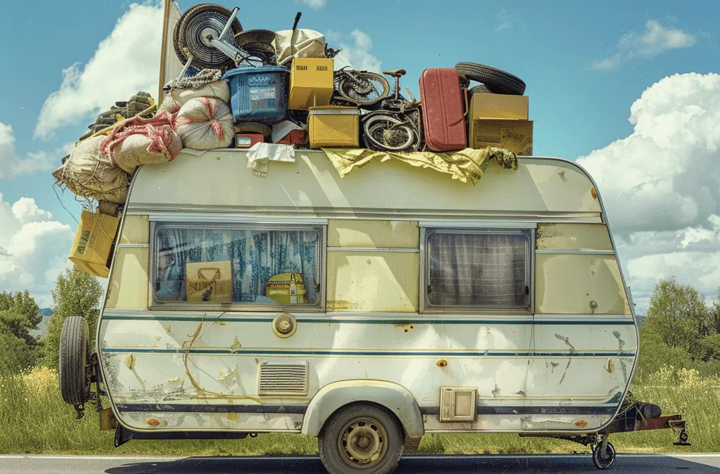 Overbeladen caravan met bagage, dozen en fietsen op het dak langs landelijke weg.